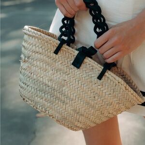 Tan Straw Woven Bag with Black Chain Strap